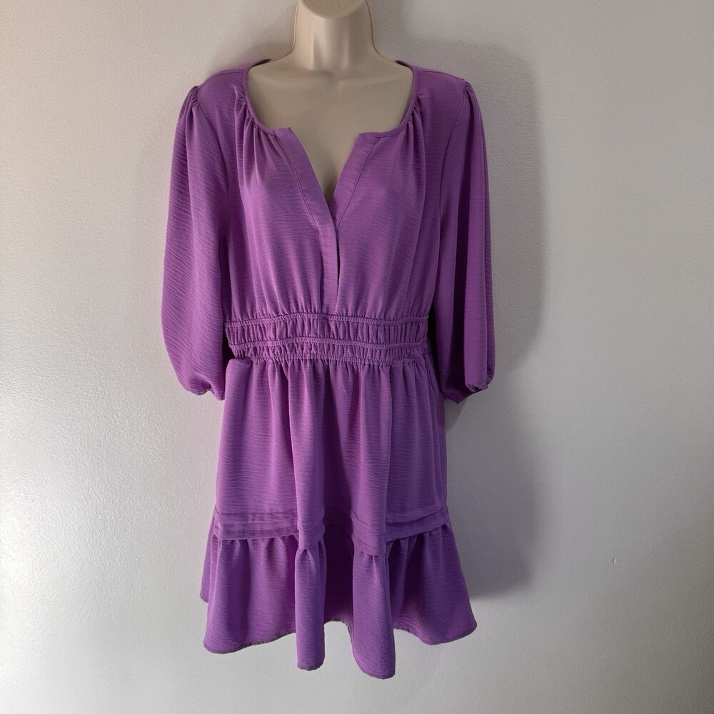 Nicole Miller Shirt Dress L Purple Gauze Stretch Peasant Smocked Ruffle V-neck